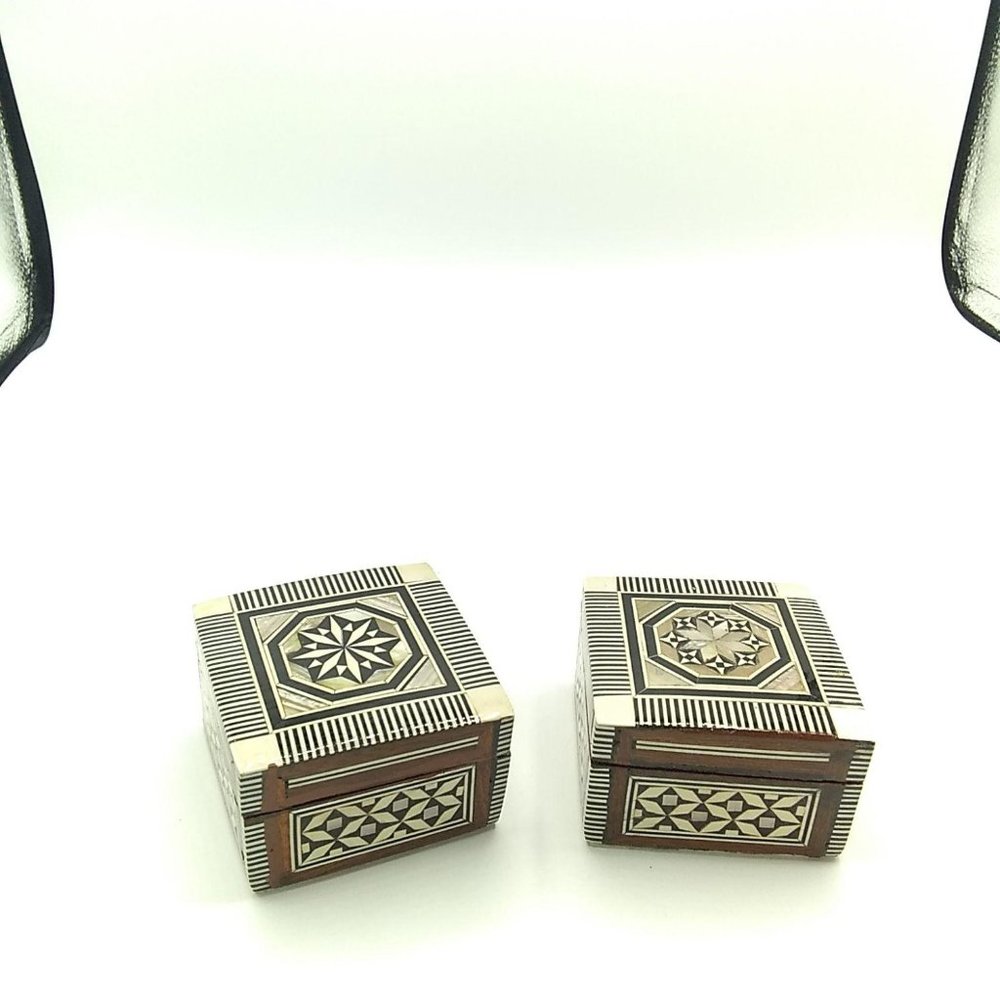 Vintage Lot of 2 Mother of Pearl Inlay Wooden Trinket Box